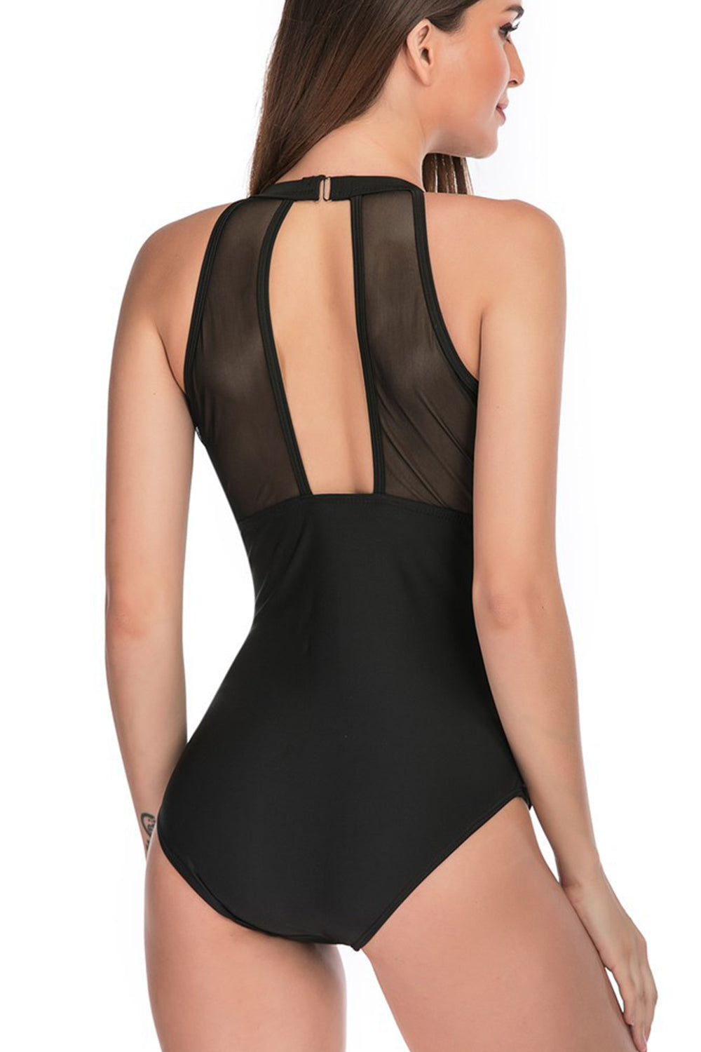 Iyasson Sexy High-Neck Mesh Stitching Ruched Keyhole Hollow Swimsuit