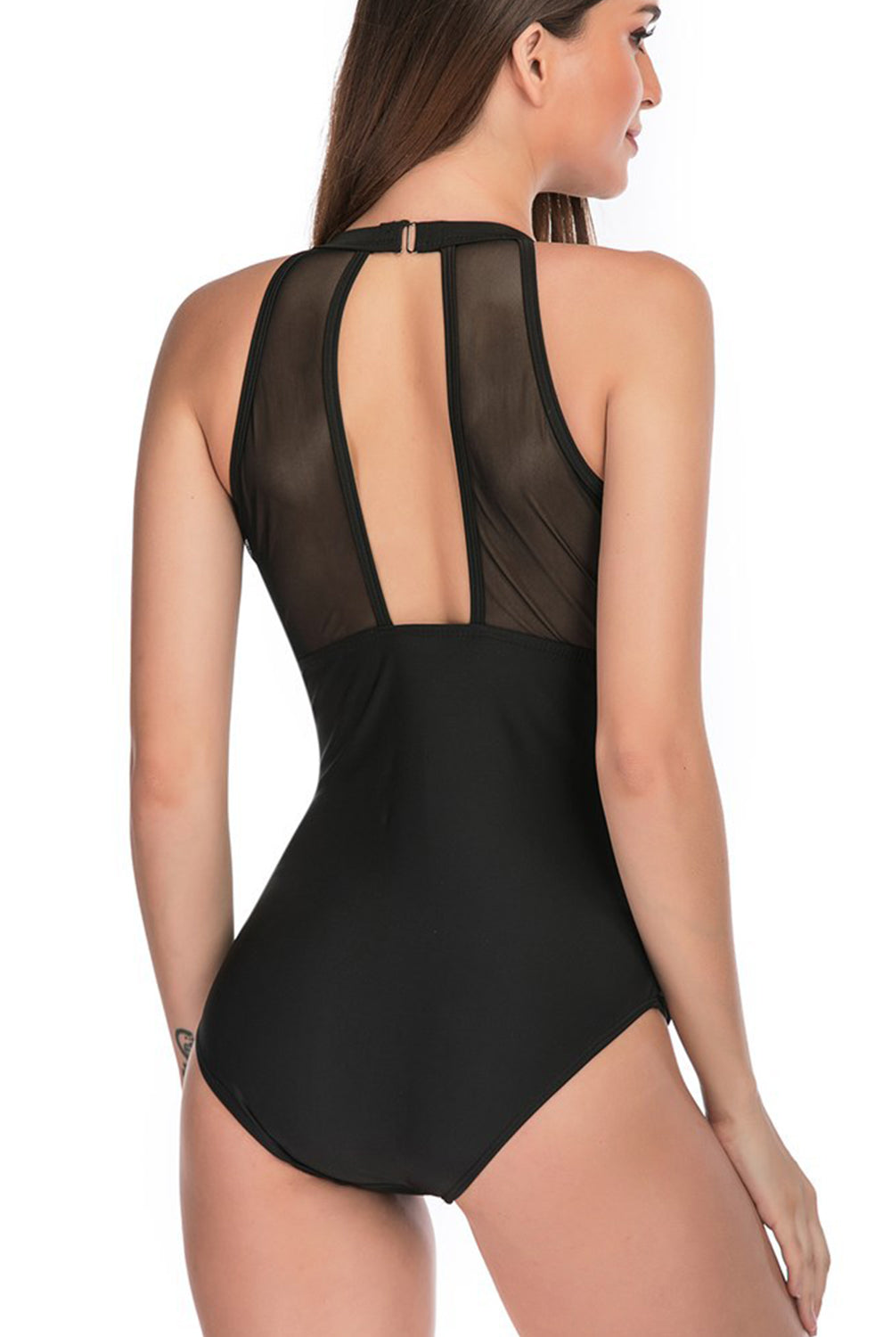Iyasson Sexy High-Neck Mesh Stitching Ruched Keyhole Hollow Swimsuit