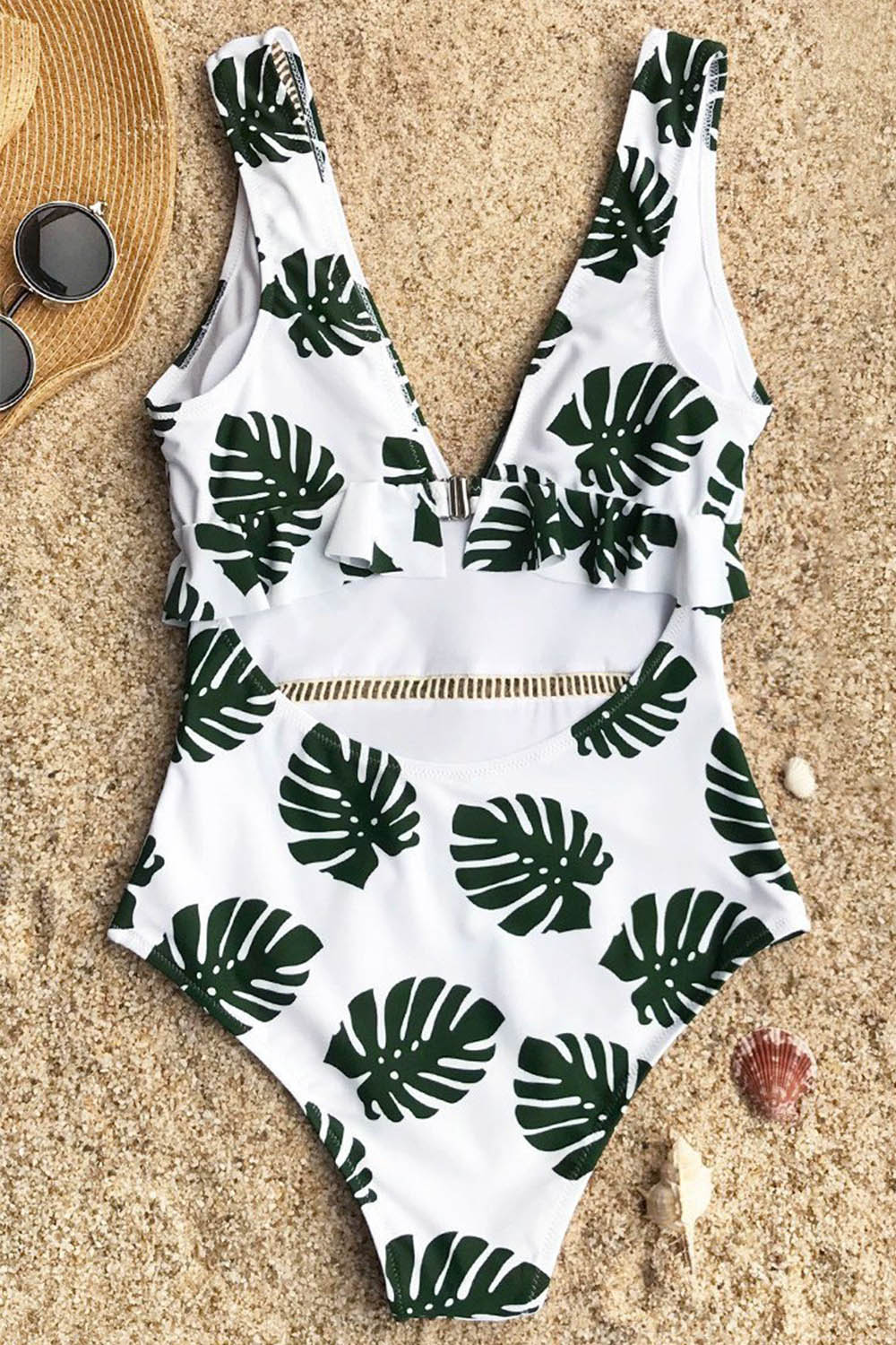 Iyasson Womens Cute White Leaf Deep V-Neck Ruffle Trim Hook Swimsuit