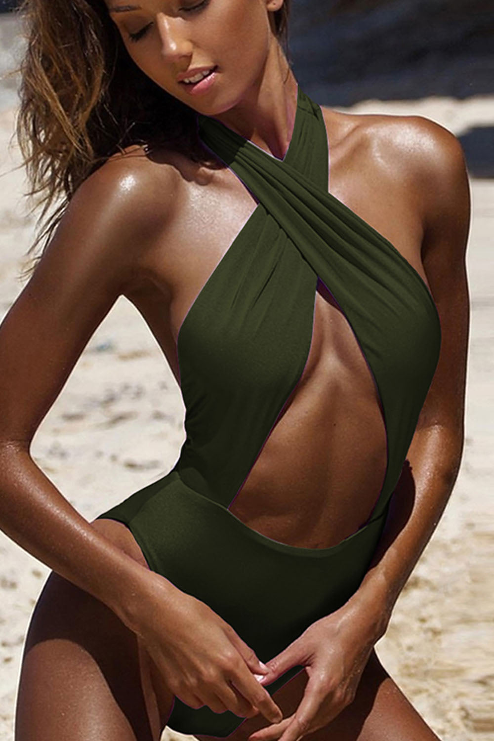 Iyasson Women's Sexy Cross Hollow Halter One-piece Swimsuit