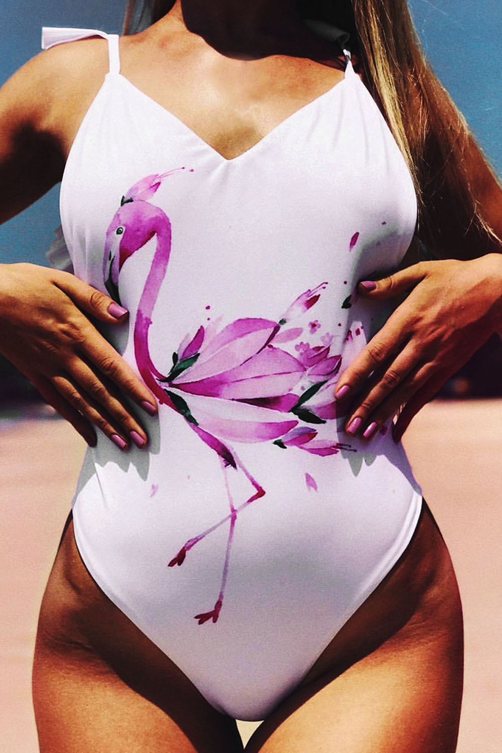 Iyasson Women's Sexy V-Neck Ruffle Trim Shoulder Strap Swimsuit