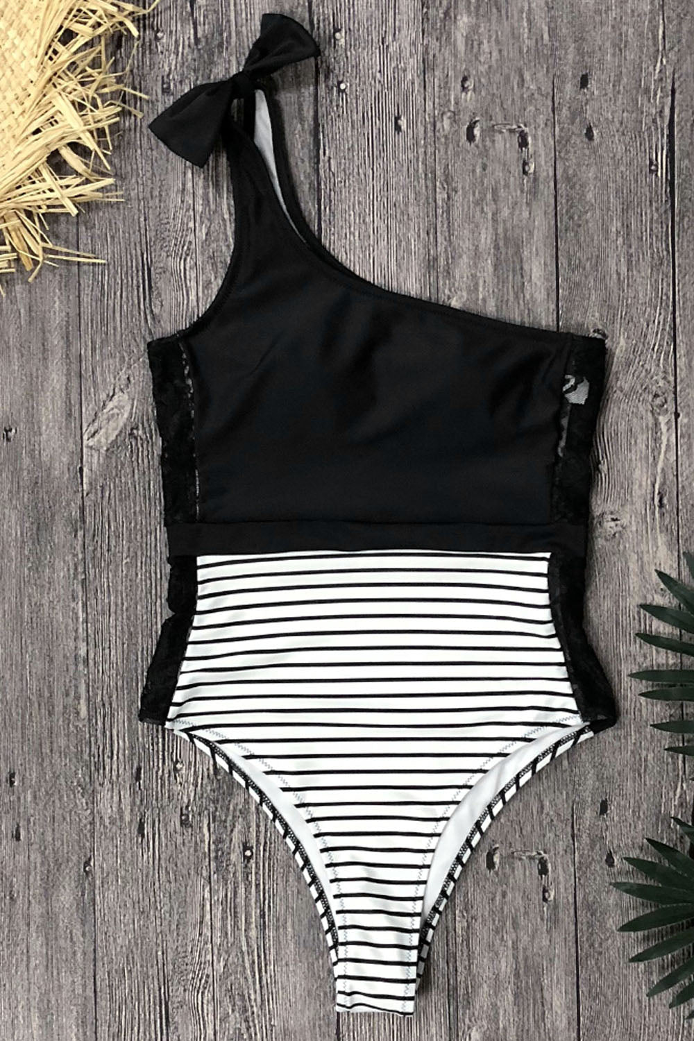 Iyasson Women's Cute Ruffled Lace Stitching Stripe Bottom One-piece Swimsuit