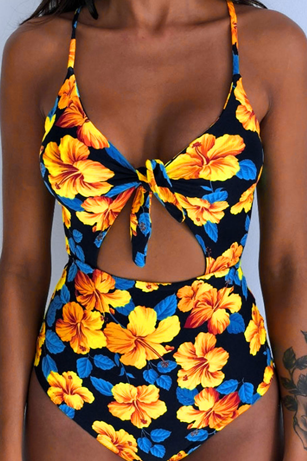 Iyasson Women's Sexy Floral Print Knotted Hollow One-piece Swimsuit