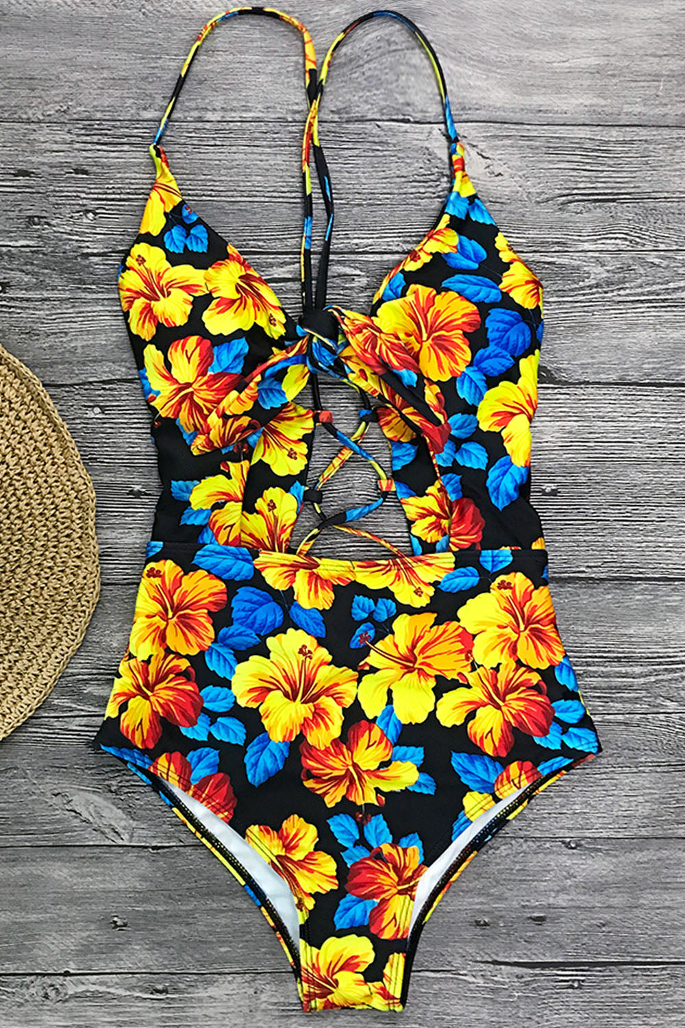 Iyasson Women‘’s Sexy Floral Print Knotted Hollow One-piece Swimsuit