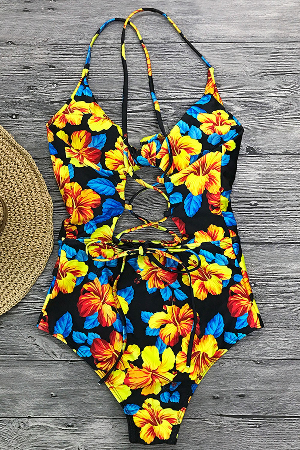 Iyasson Women's Sexy Floral Print Knotted Hollow One-piece Swimsuit