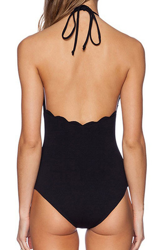 Iyasson High Quality Wave Hem Halter One-piece Swimsuit