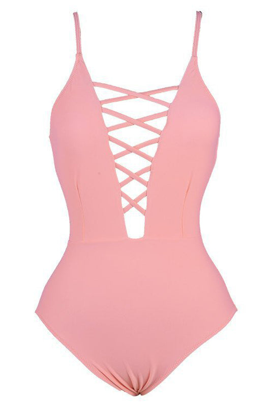 Iyasson Sweet Pink Lace Up One-piece Swimsuit