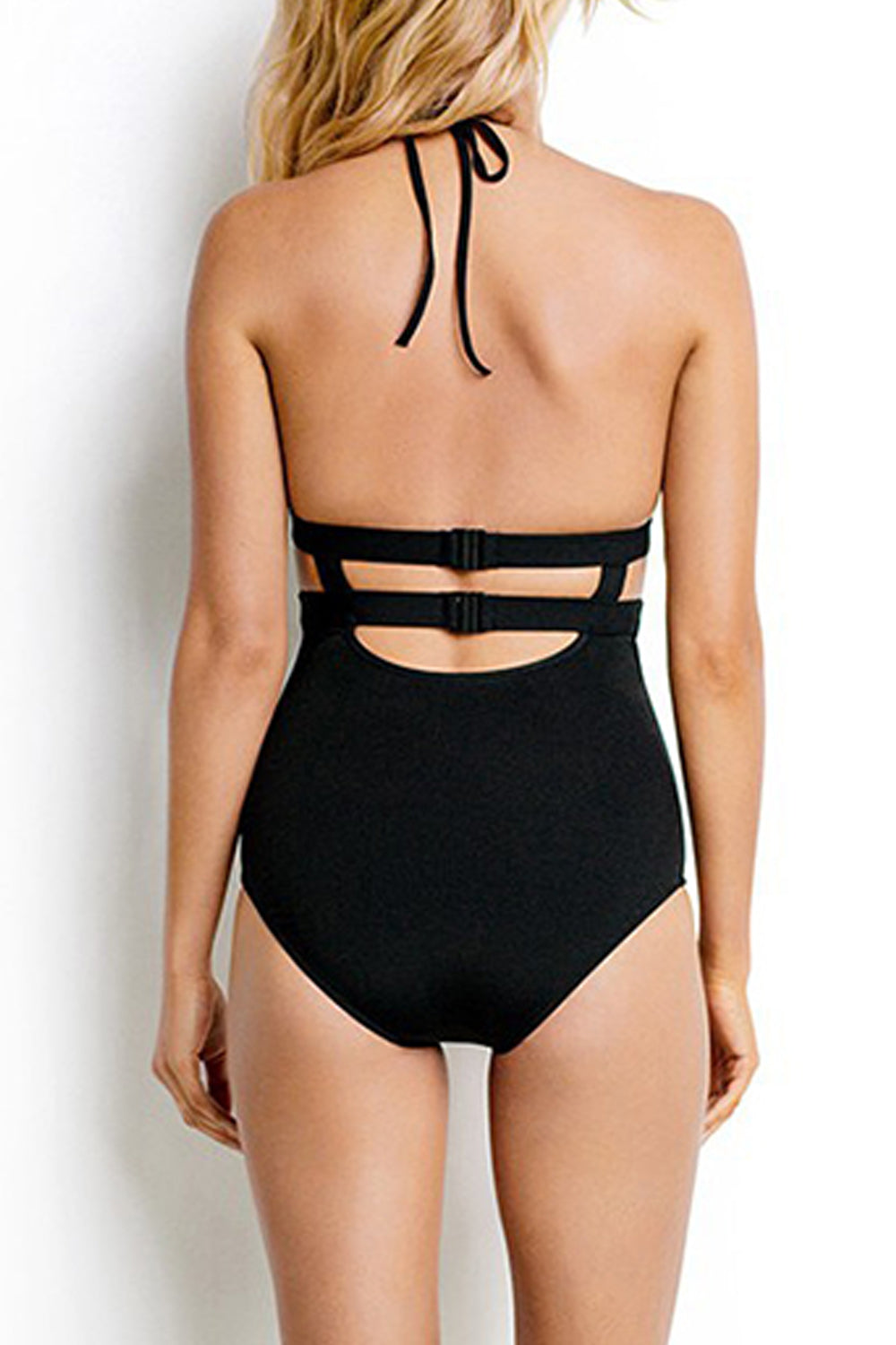 Iyasson Black Solid Halter Backless One-piece Swimsuit