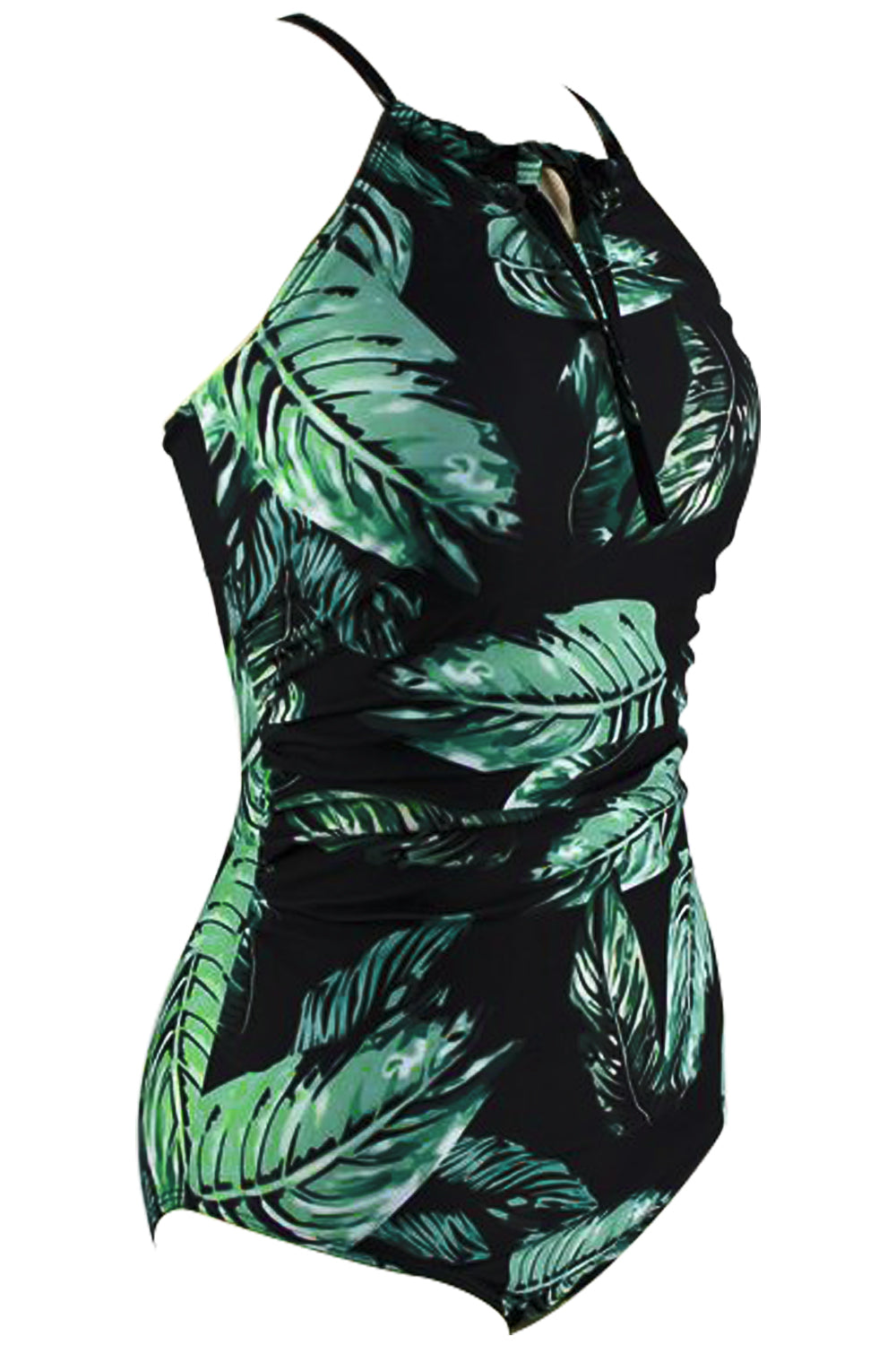 Iyasson Trendy High Neck Lush Leaves Print One-piece Swimsuit