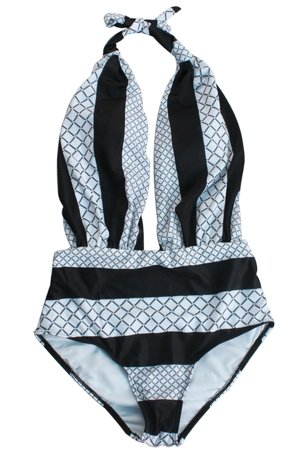 Iyasson Geometric Print and Stripe Design One-piece Swimsuit