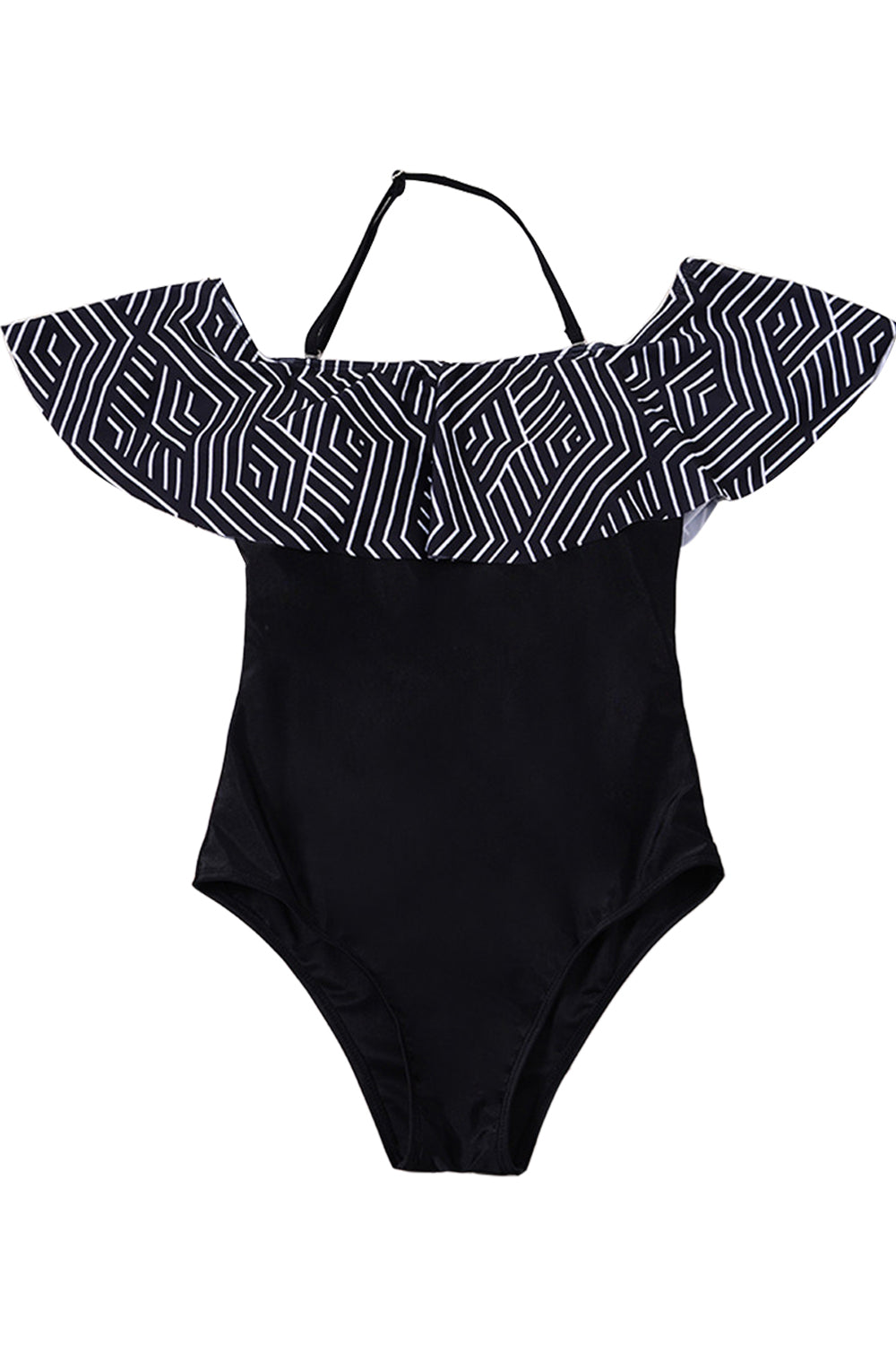 Iyasson Black  Falbala Stripe Print One-piece Swimsuit