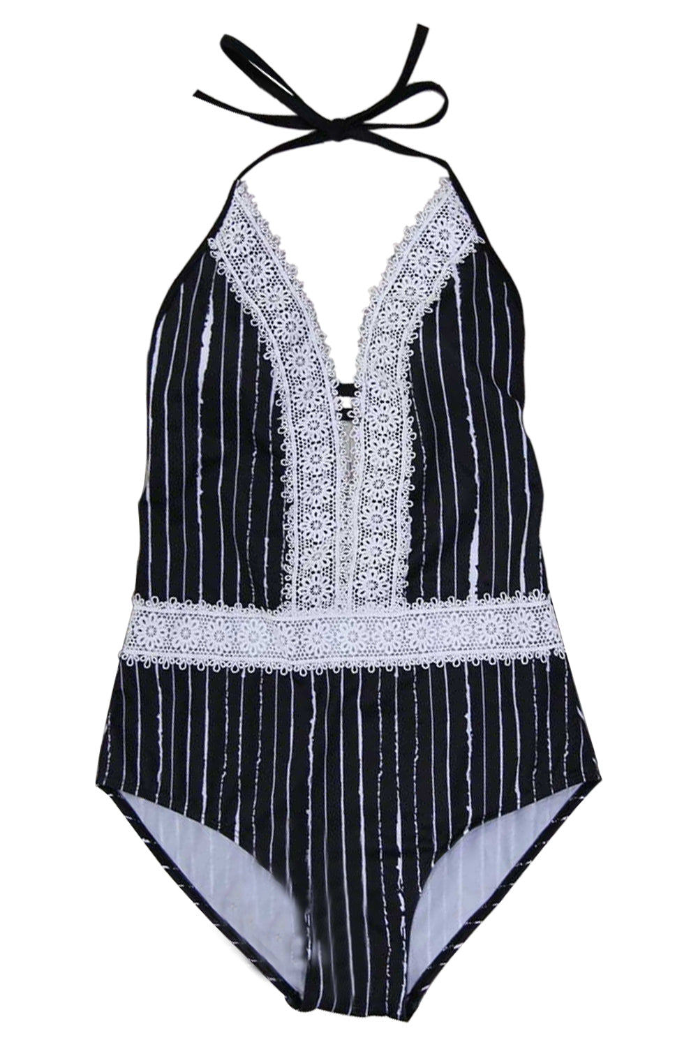 Iyasson White Lace Stripes One-piece Swimsuit