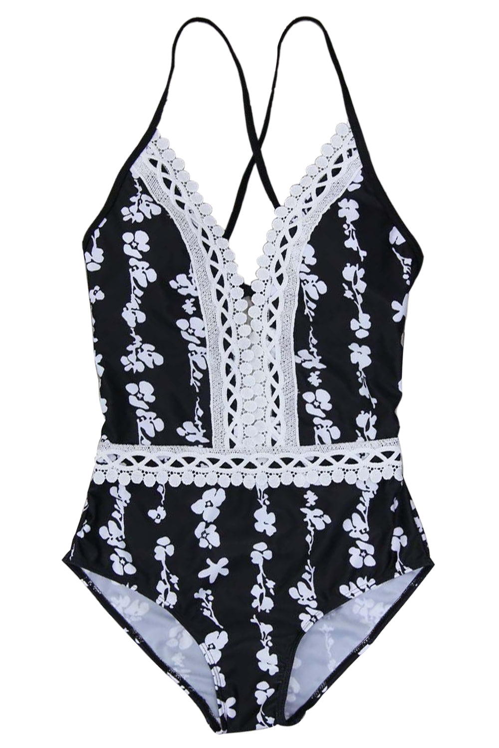 Iyasson Vintage Lace Stripes One-piece Swimsuit