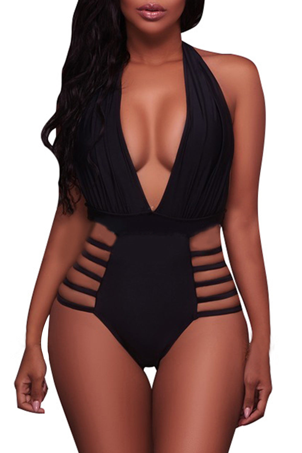 Iyasson Solid Color Deep V-neck Strappy One-piece Swimsuit