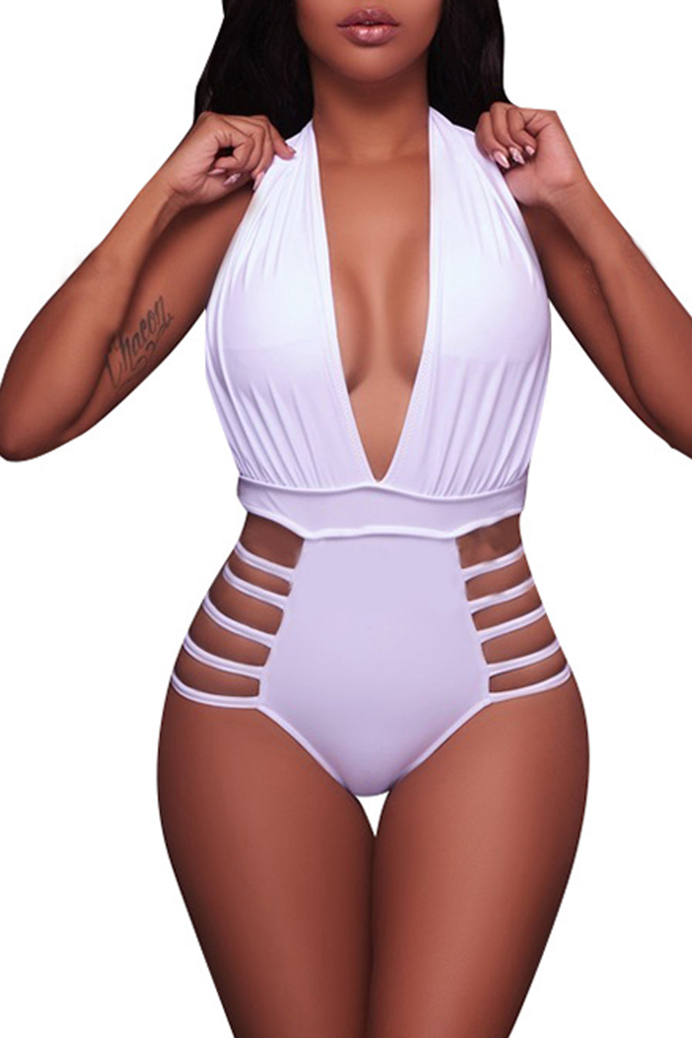Iyasson Solid Color Deep V-neck Strappy One-piece Swimsuit