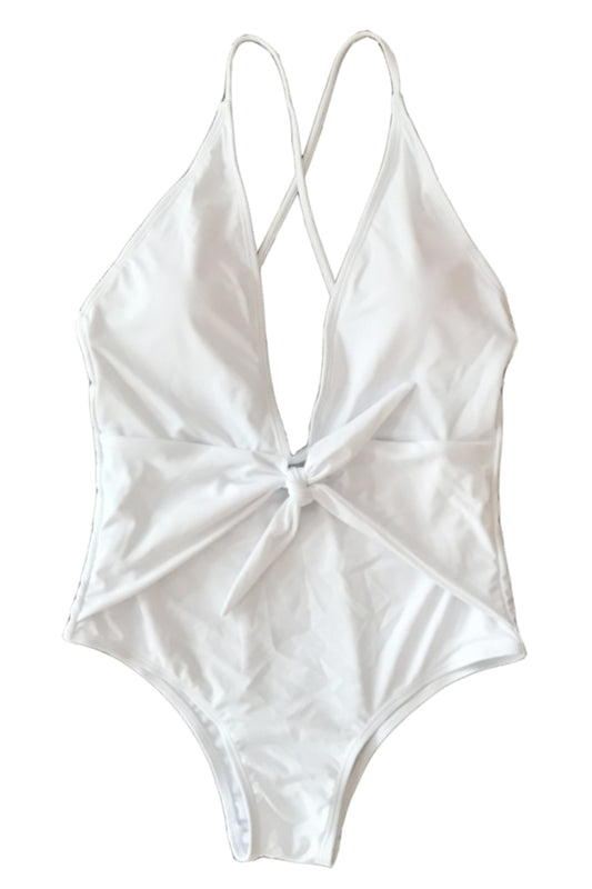 Iyasson White Deep V-neck Design One-piece Swimsuit