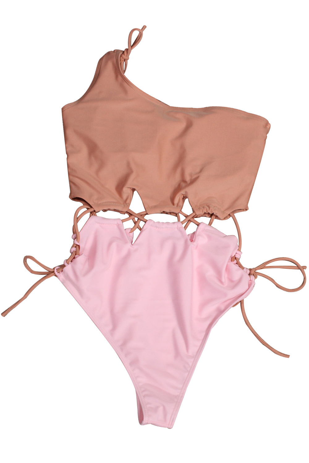 Iyasson Solid Lace Up Single Shoulder Design One-piece Bikini Set