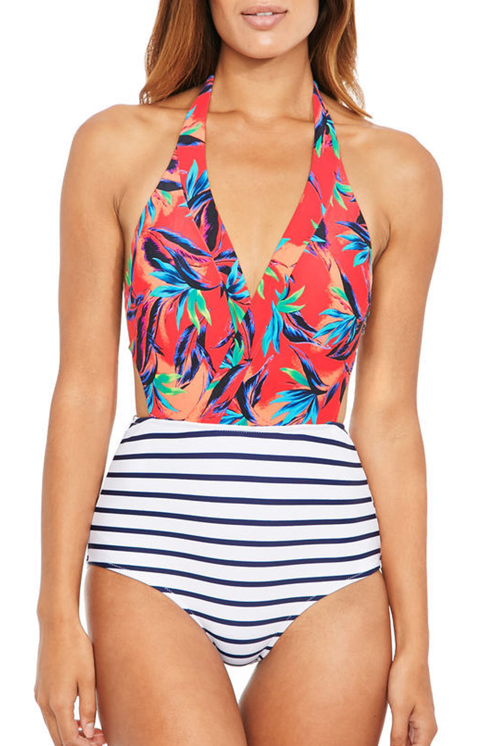 Iyasson Floral Print And Stripe Design One-piece Swimsuit