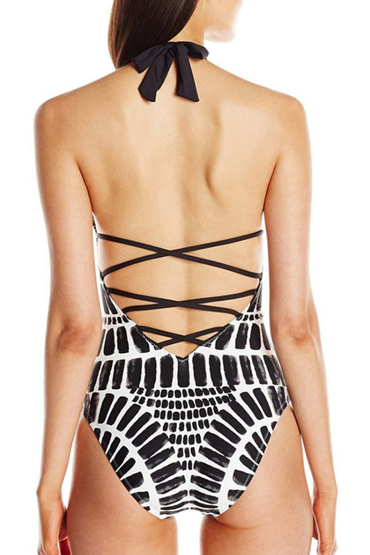 Iyasson Fashional Print Backless One-piece Swimsuit