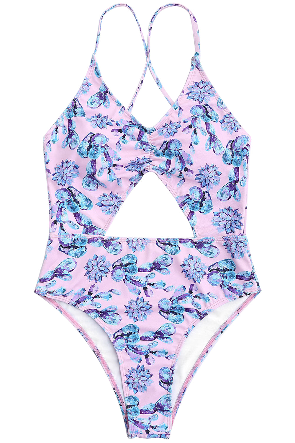Iyasson Purple Flowers Printing Halter One-piece Swimsuit