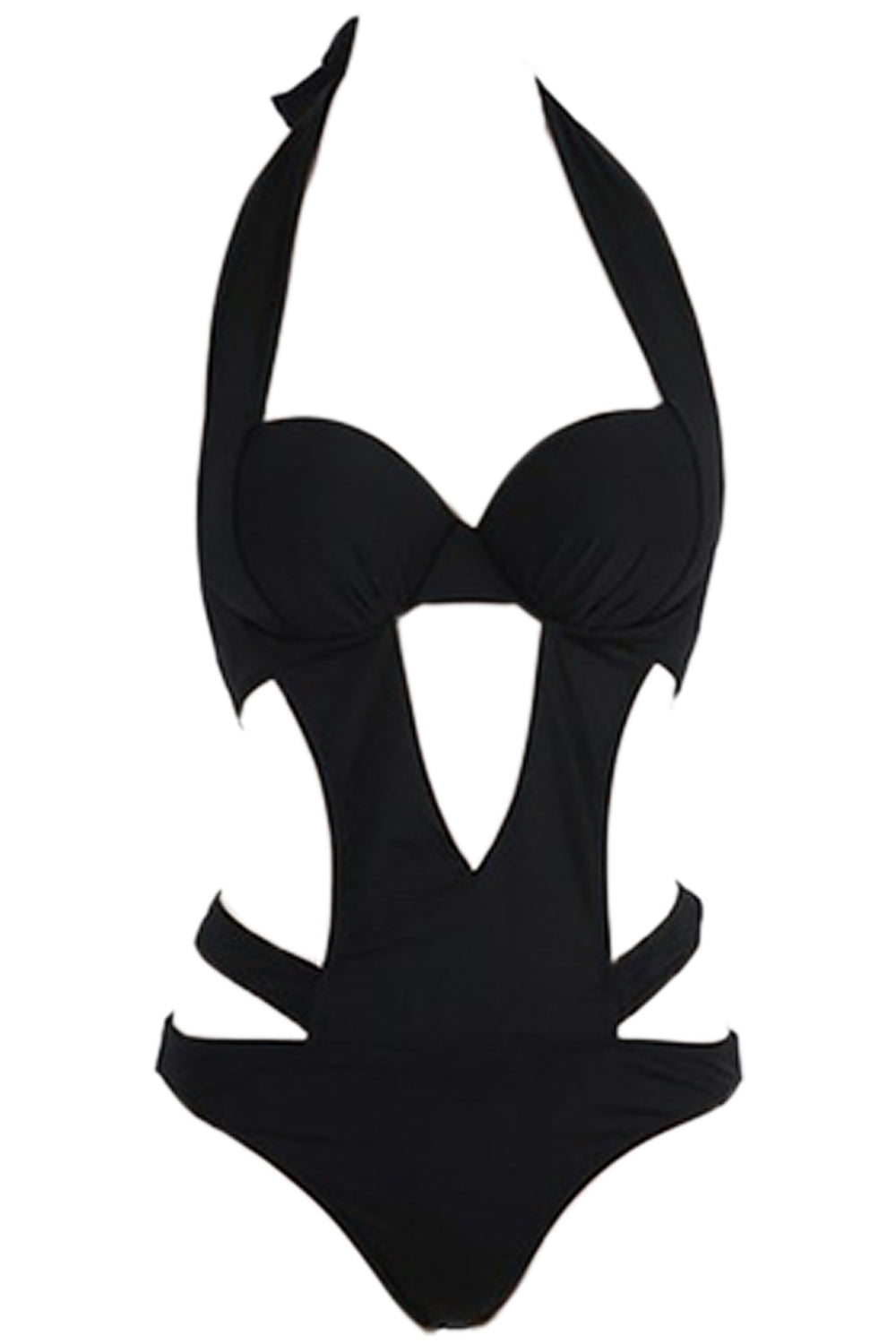 Iyasson Black Solid Color Halter Backless One-piece Swimsuit