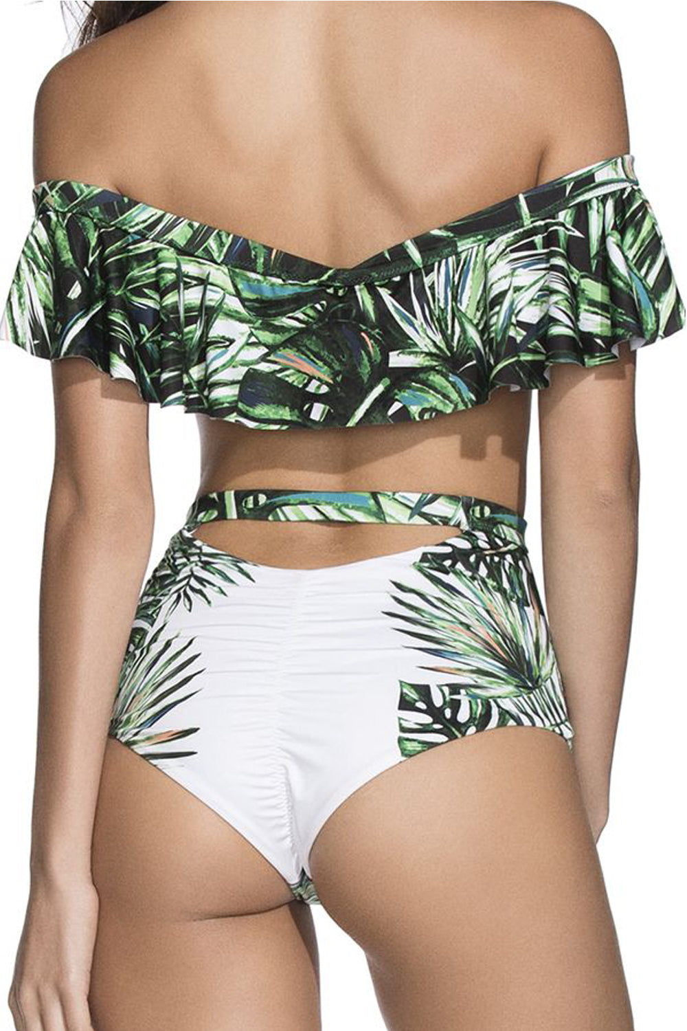 Iyasson Tropical Palm Leaves Printing Falbala One-piece Swimsuit