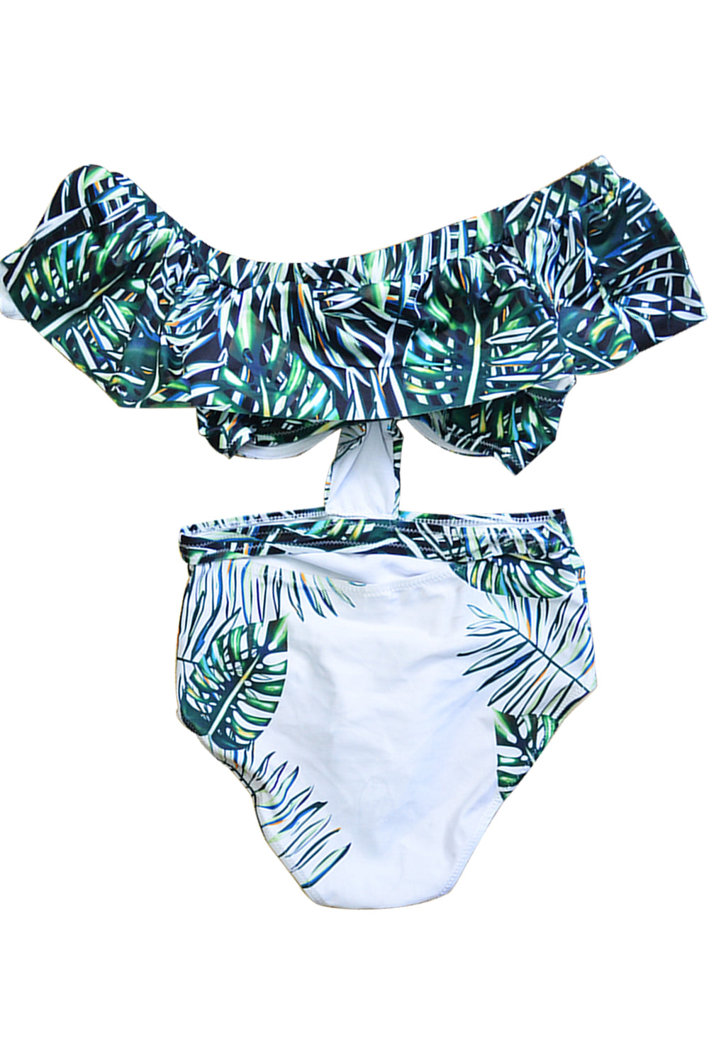 Iyasson Tropical Palm Leaves Printing Falbala One-piece Swimsuit