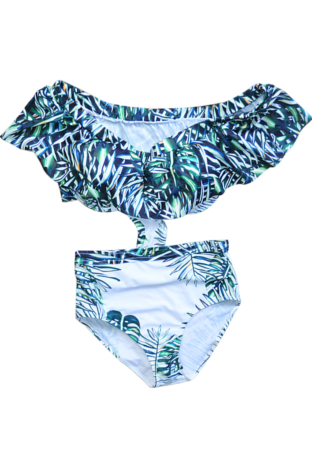 Iyasson Tropical Palm Leaves Printing Falbala One-piece Swimsuit