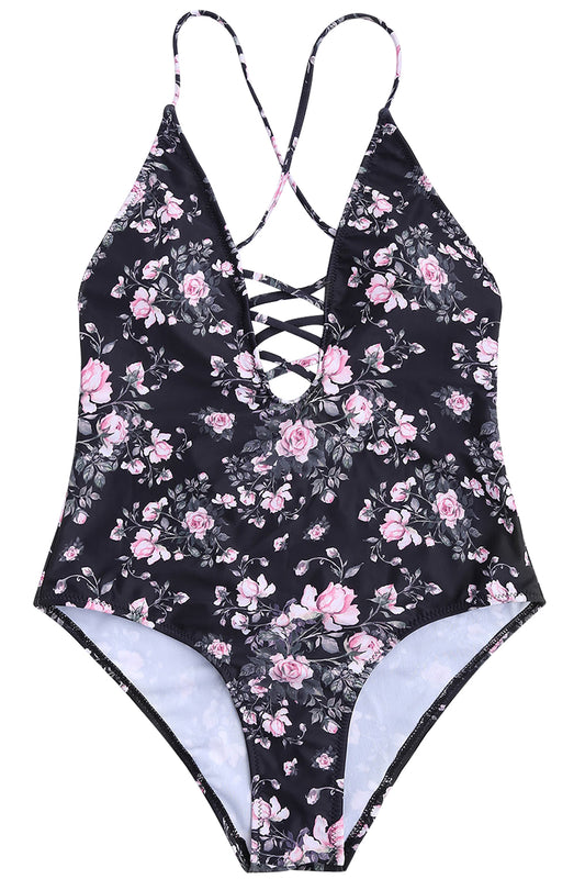Iyasson Black Floral Printing Halter One-piece Swimsuit