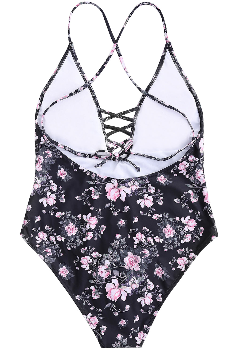 Iyasson Black Floral Printing Halter One-piece Swimsuit