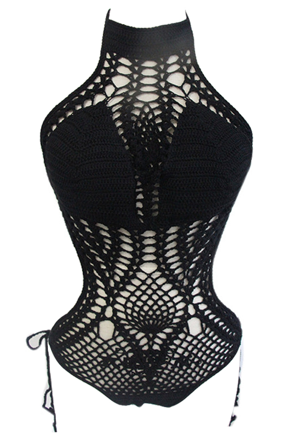 Iyasson Crochet Backless High-neckline One-piece Swimsuit