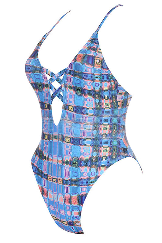 Iyasson Plaid Printing Cross Design Backless One-piece Swimsuit