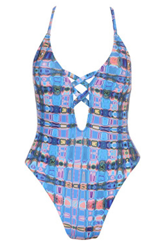 Iyasson Plaid Printing Cross Design Backless One-piece Swimsuit