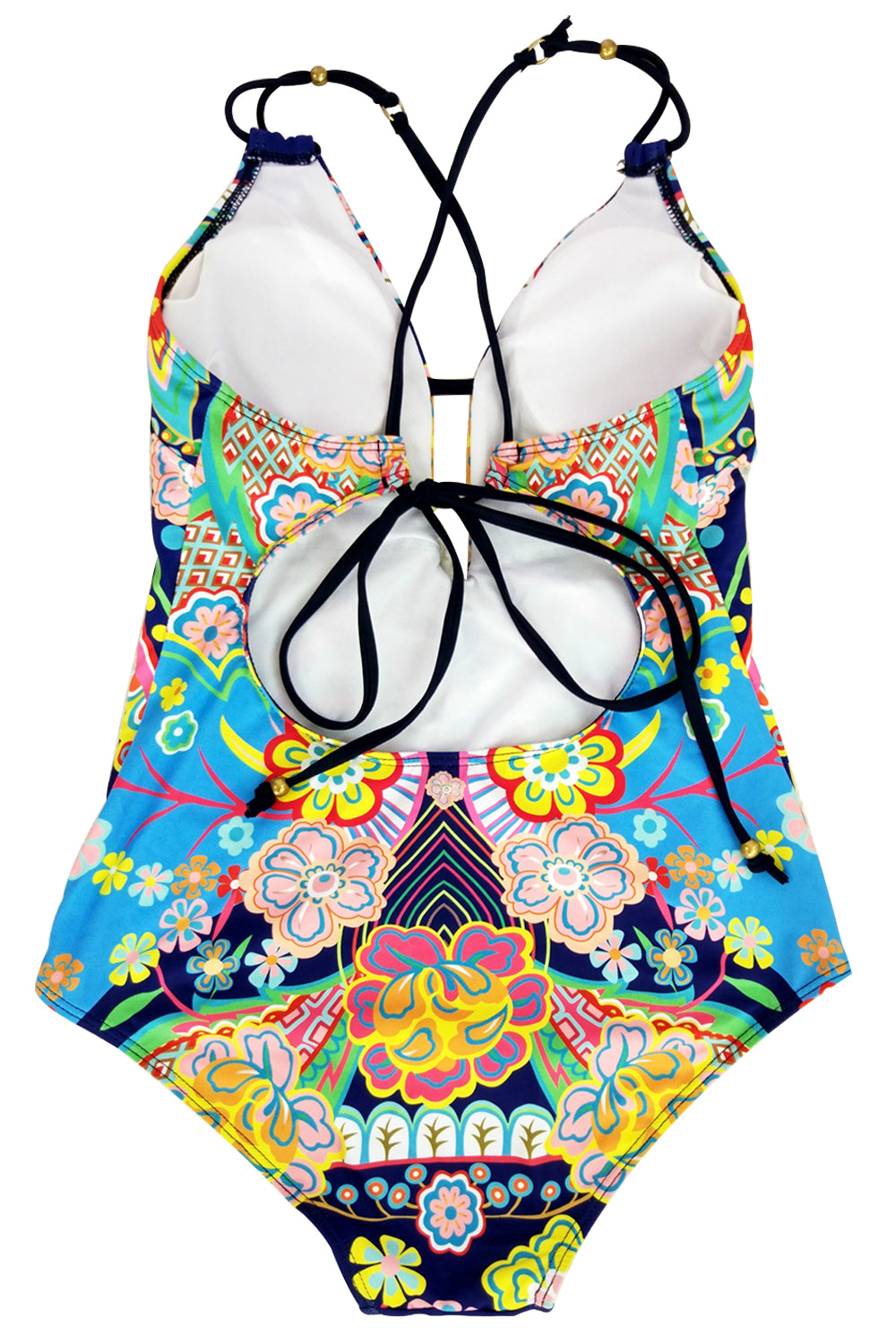Iyasson Colourful Floral Printing Cross Back Halter One-piece Swimsuit