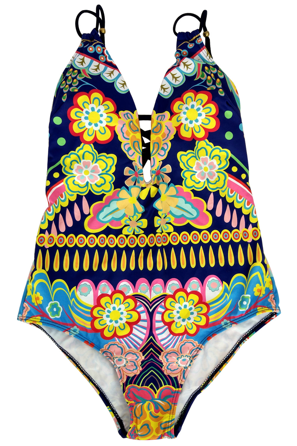 Iyasson Colourful Floral Printing Cross Back Halter One-piece Swimsuit