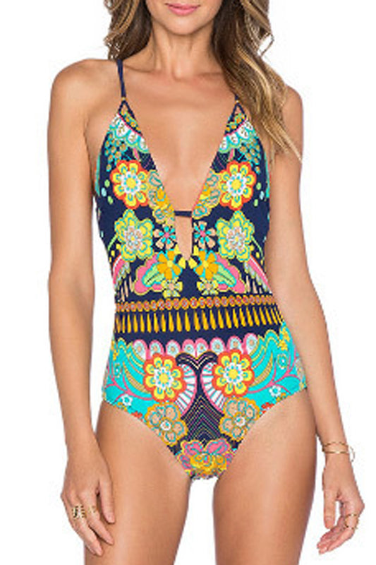 Iyasson Colourful Floral Printing Cross Back Halter One-piece Swimsuit