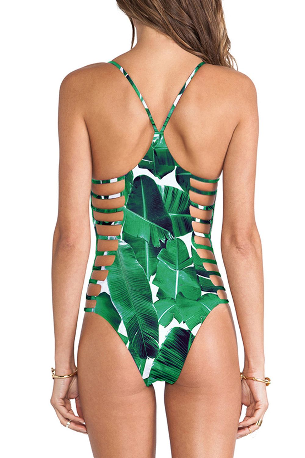 Iyasson Green Leaves Print With Strappy Detailing One-piece Swimsuit