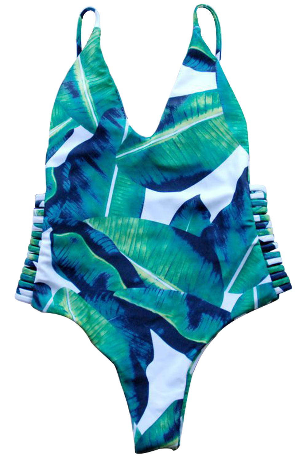 Iyasson Green Leaves Print With Strappy Detailing One-piece Swimsuit