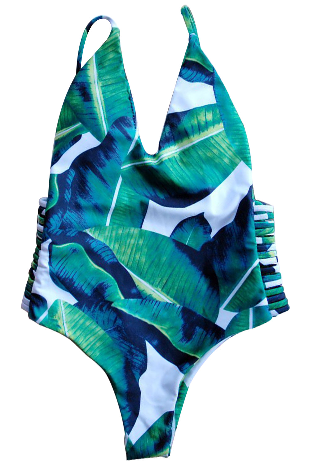Iyasson Green Leaves Print With Strappy Detailing One-piece Swimsuit