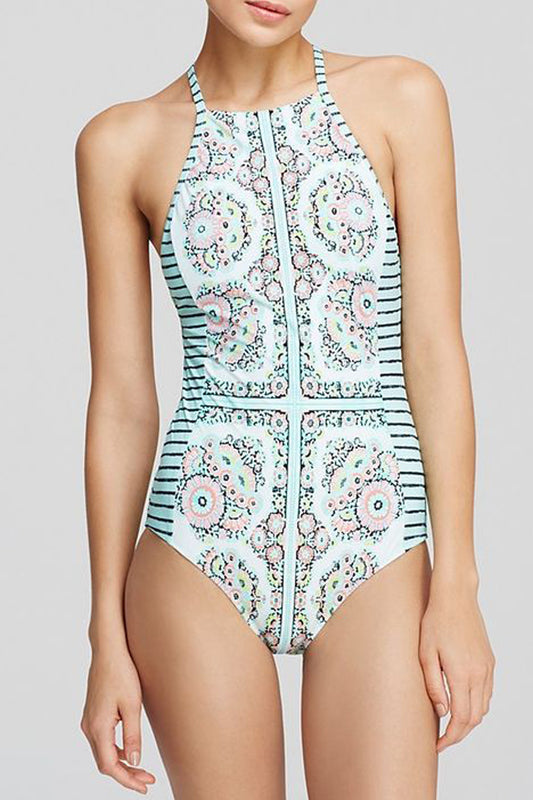Iyasson Floral Print And Stripe Design One-piece Swimsuit