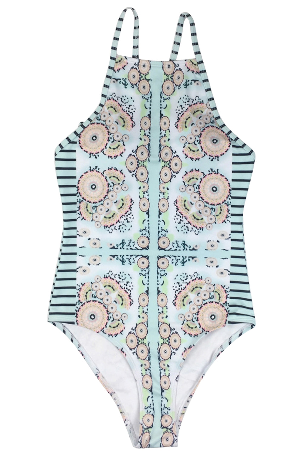 Iyasson Floral Print And Stripe Design One-piece Swimsuit