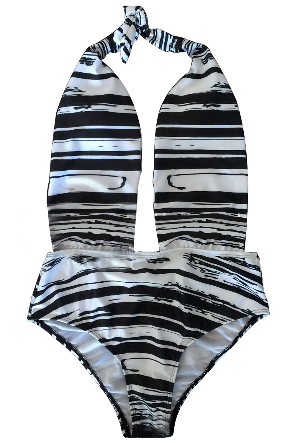 Iyasson Blue Stripe Printing Deep V-neck One-piece Swimsuit