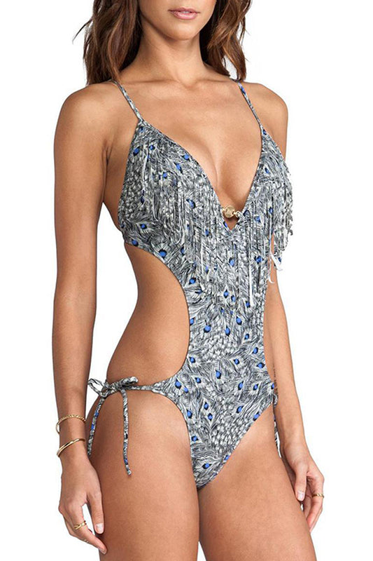 Iyasson Lush Feather printing Tassel Ornament One-piece Swimsuit