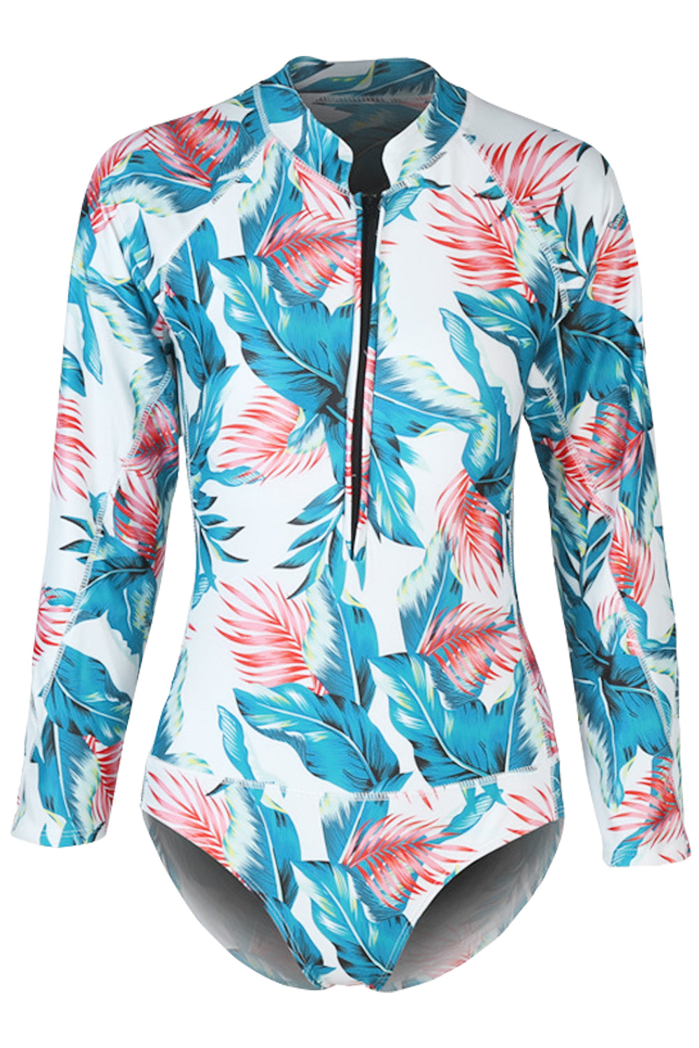 Iyasson Tropical Floral Printing Long-sleeves One-piece Swimsuit