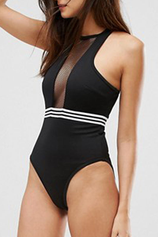 Iyasson Black See Through High-neckline One-piece Swimsuit