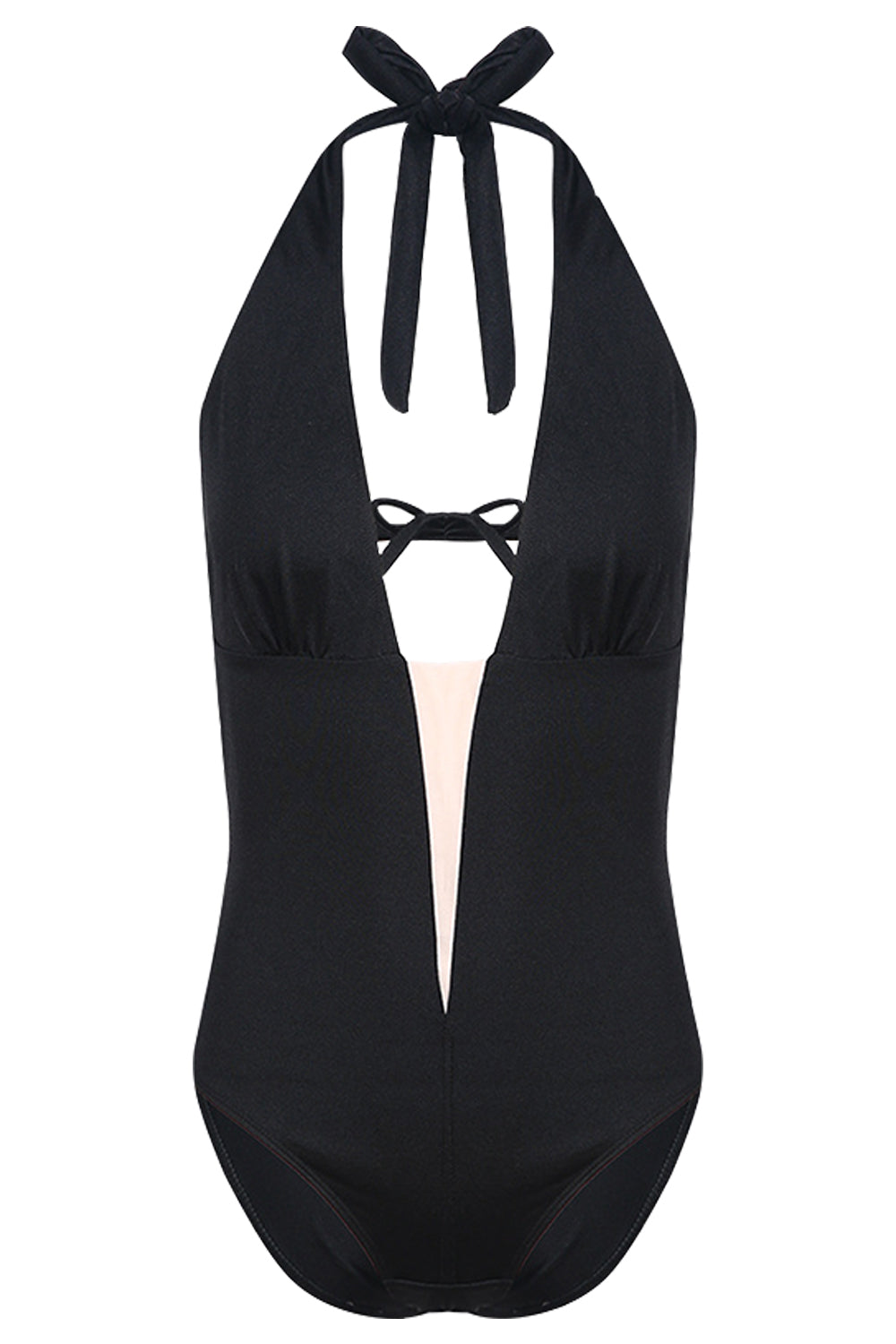 Iyasson Black Deep V-neckline Halter One-piece Swimsuit