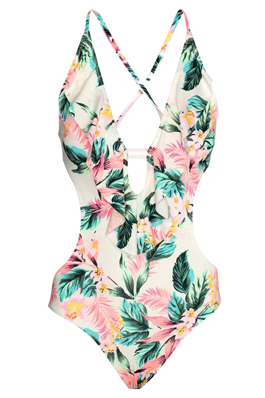 Iyasson Tropical Floral Printing Halter One-piece Swimsuit