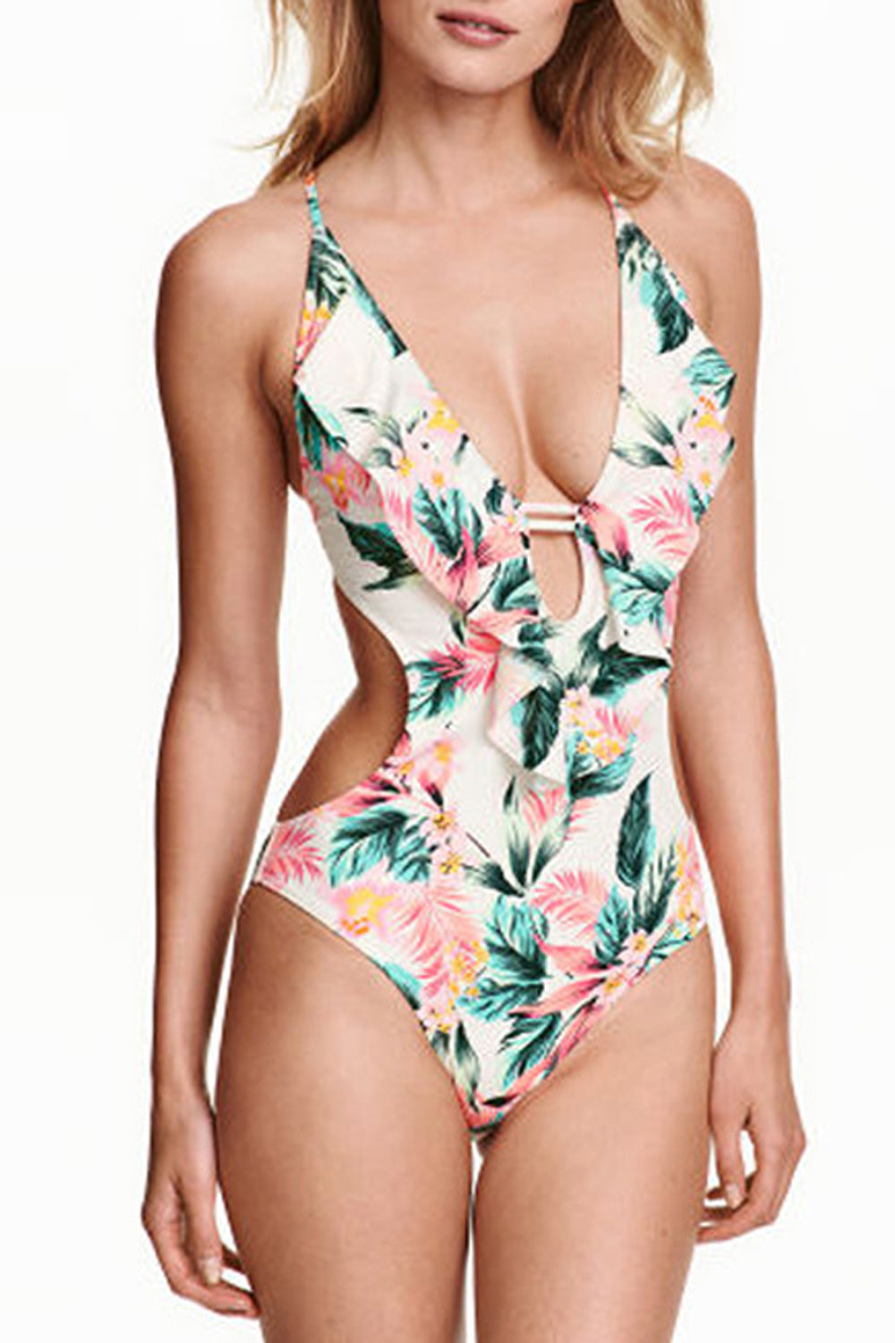 Iyasson Tropical Floral Printing Halter One-piece Swimsuit