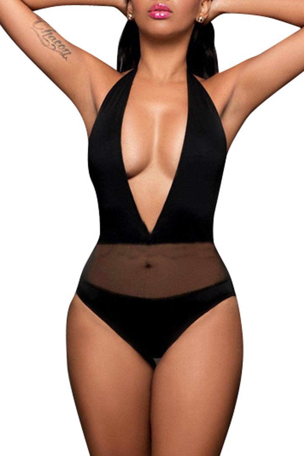 Iyasson Black See Through Deep V-Neck One-piece Swimsuit