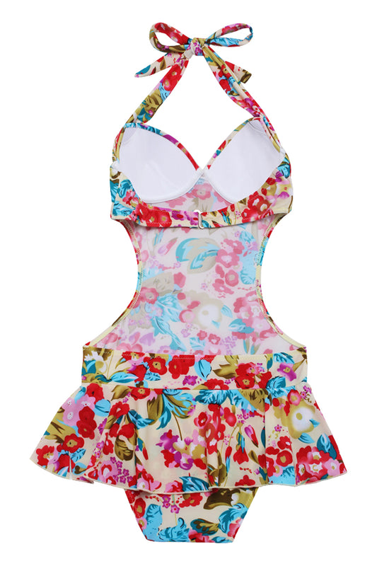 Iyasson Colorful Floral Printing Falbala One-piece Swimsuit